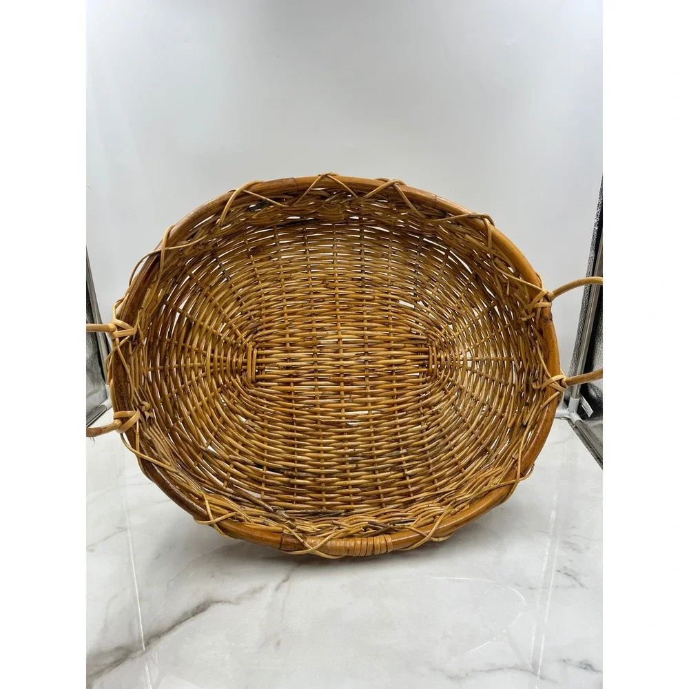 Vintage Oval Wicker Serving Tray with Handles Large Woven Rattan Basket 19 Inch